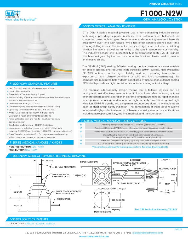 CTI OEM Inductive Medical Cleanroom Joysticks - F1000-N2W Series