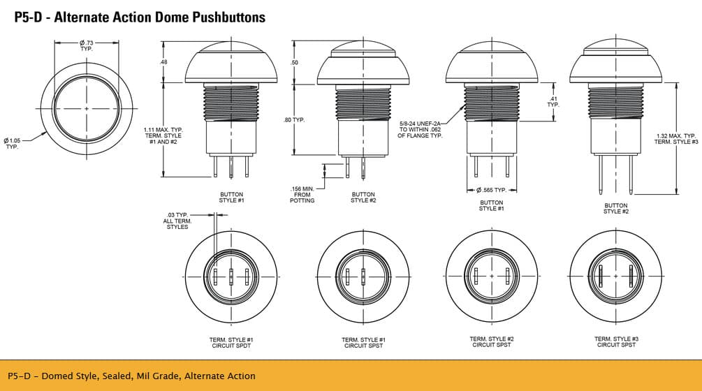 OTTO P5-D Range of Sealed Alternate Action Pushbutton Switches (Mil Grade)