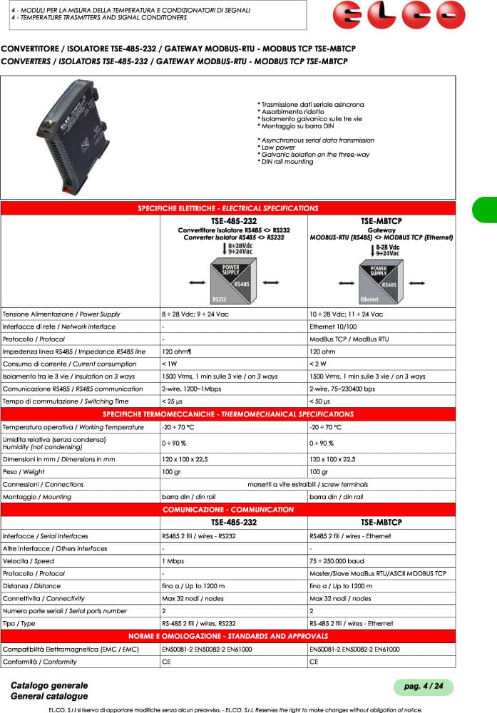 Elco Converters and Isolators - TSE-485-232 & Gateway Modbus RTU