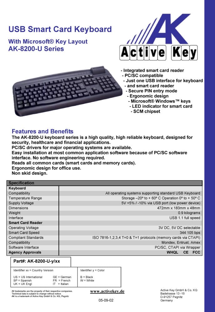 Active Key AK-8200-U Smart Card Keyboard