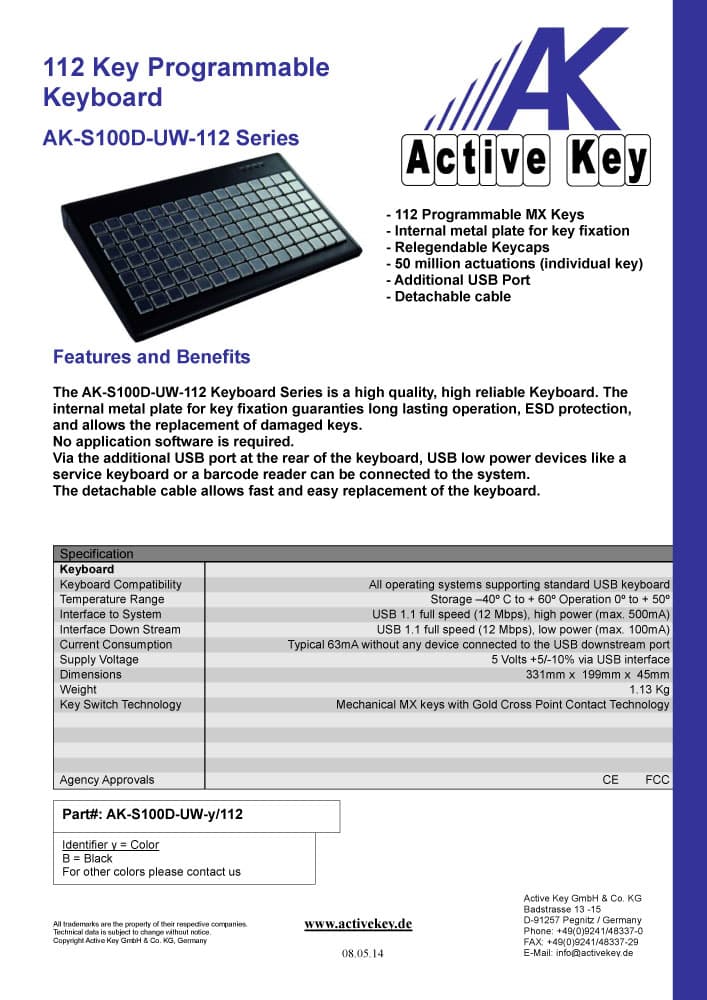 Active Key AK-S100D 112 Key Programmable POS Keyboards