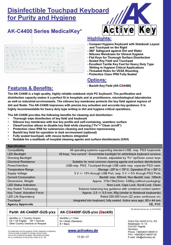 Active Key AK-C4400 Disinfectible Touchpad Keyboard