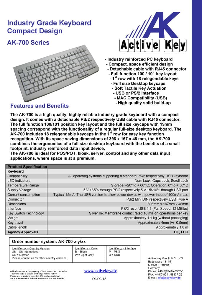 Active Key AK-700 Compact Industry Grade Keyboard