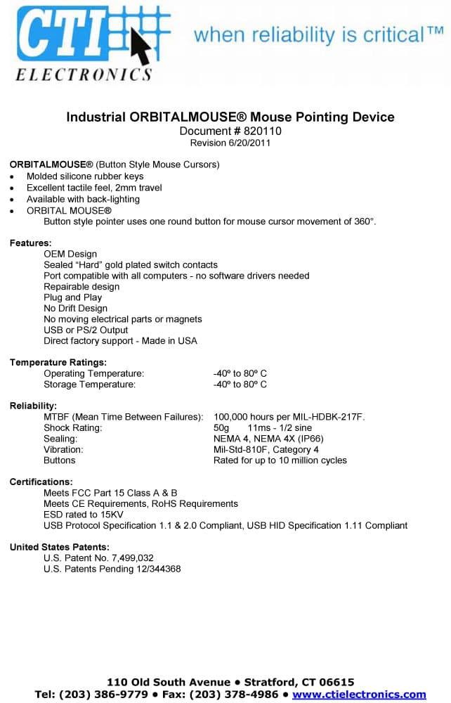 CTI OEM Industrial Mouse Pointer - OM20U2 Series